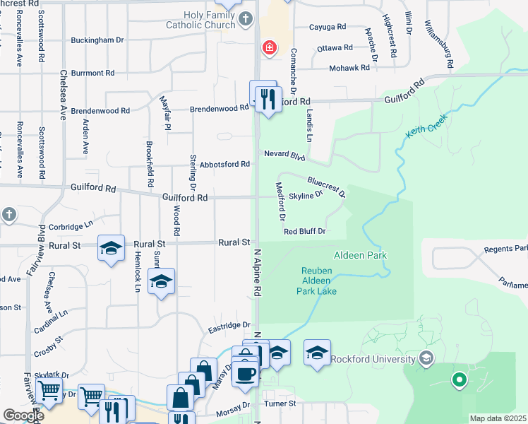 map of restaurants, bars, coffee shops, grocery stores, and more near 802 Medford Drive in Rockford