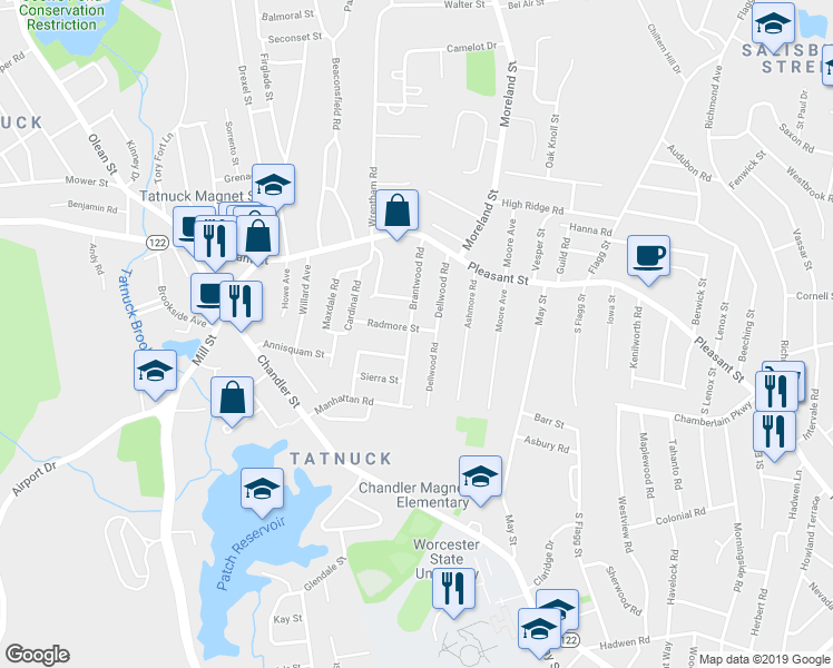 map of restaurants, bars, coffee shops, grocery stores, and more near 59 Brantwood Road in Worcester