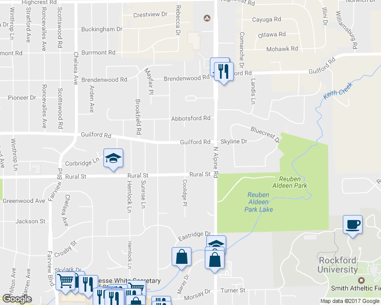 map of restaurants, bars, coffee shops, grocery stores, and more near 823 Coolidge Place in Rockford