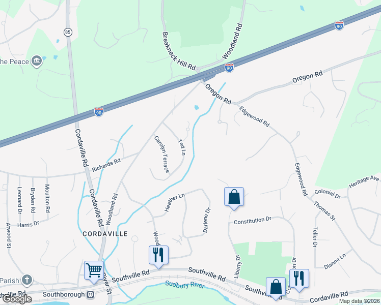 map of restaurants, bars, coffee shops, grocery stores, and more near 14 Ted Lane in Southborough