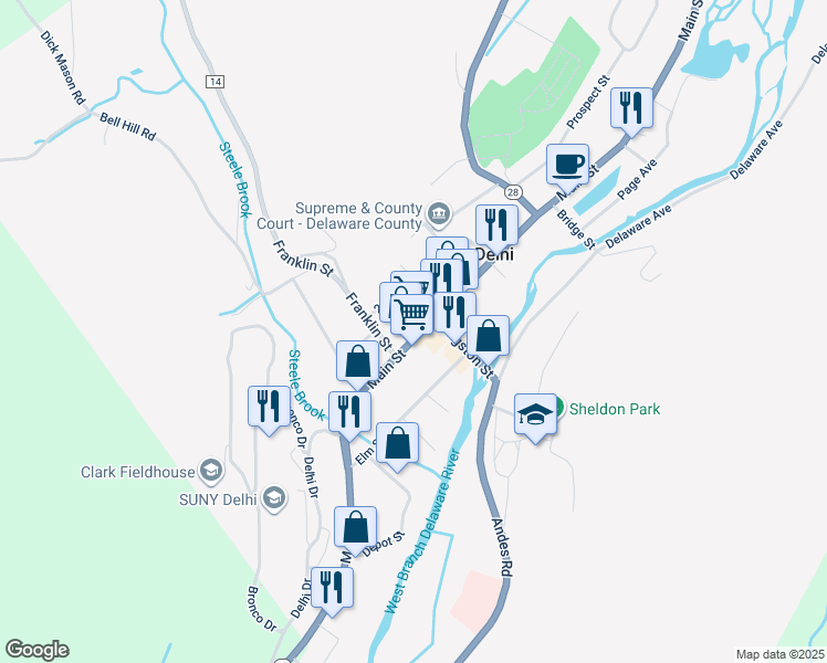 map of restaurants, bars, coffee shops, grocery stores, and more near 68 Main St in Delhi