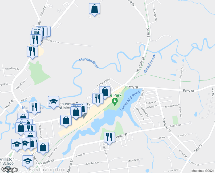 map of restaurants, bars, coffee shops, grocery stores, and more near 14-16 Arlington Street in Easthampton