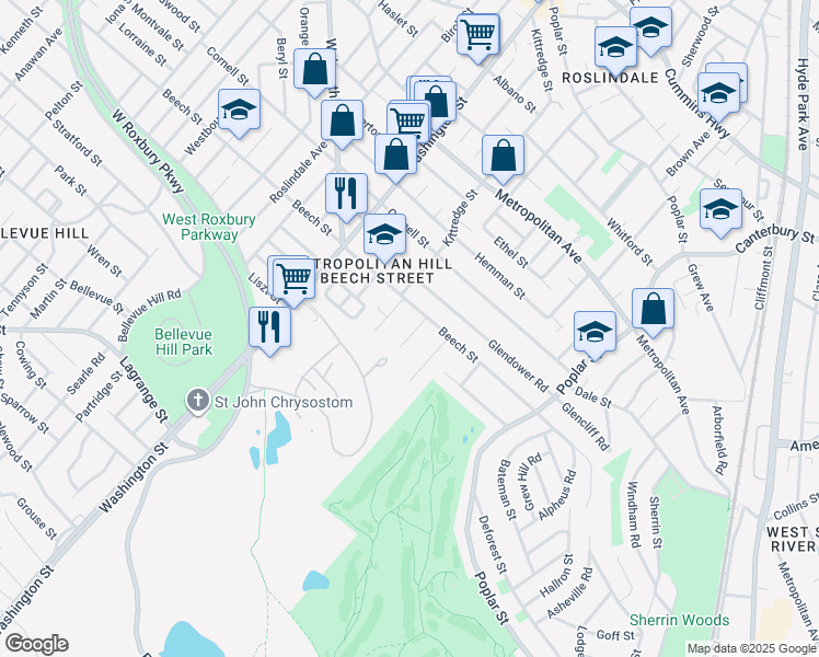 map of restaurants, bars, coffee shops, grocery stores, and more near 11 Grandview Street in Boston