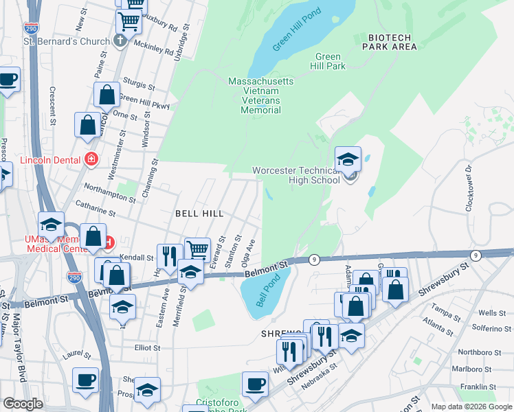 map of restaurants, bars, coffee shops, grocery stores, and more near 92 Stanton Street in Worcester