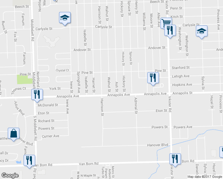 map of restaurants, bars, coffee shops, grocery stores, and more near 4567 Walnut Street in Inkster