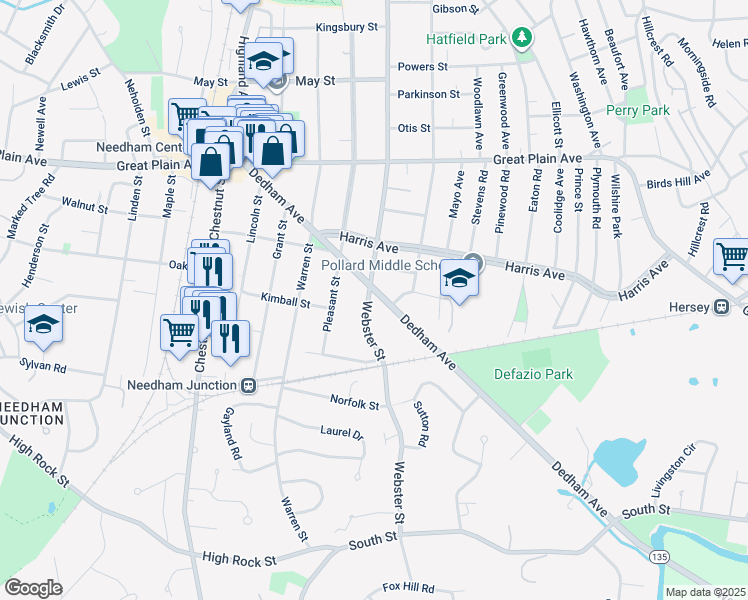 map of restaurants, bars, coffee shops, grocery stores, and more near 213 Dedham Avenue in Needham