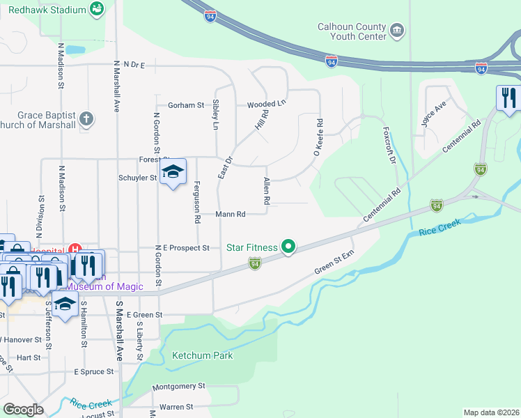 map of restaurants, bars, coffee shops, grocery stores, and more near 326 Allen Road in Marshall