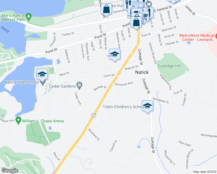 map of restaurants, bars, coffee shops, grocery stores, and more near 1 Bennett Street in Natick