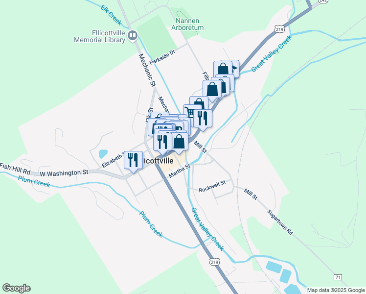 map of restaurants, bars, coffee shops, grocery stores, and more near 41 Washington Street in Ellicottville