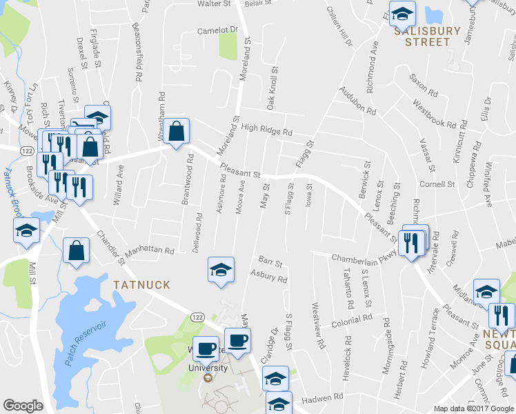 map of restaurants, bars, coffee shops, grocery stores, and more near 391 May Street in Worcester
