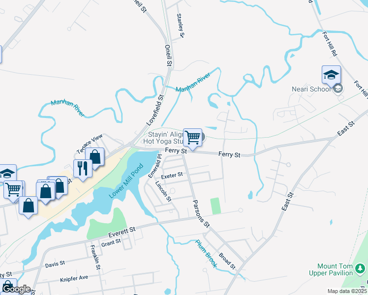 map of restaurants, bars, coffee shops, grocery stores, and more near 53-55 Ferry Street in Easthampton