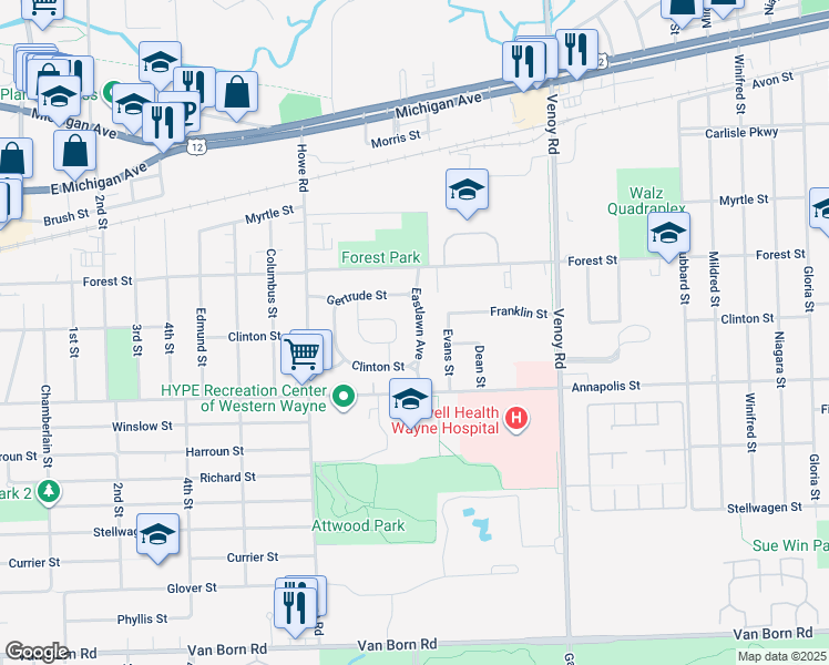 map of restaurants, bars, coffee shops, grocery stores, and more near 4270 Eastlawn Avenue in Wayne