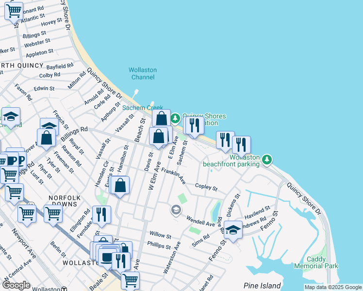 map of restaurants, bars, coffee shops, grocery stores, and more near 112 Sachem Street in Quincy