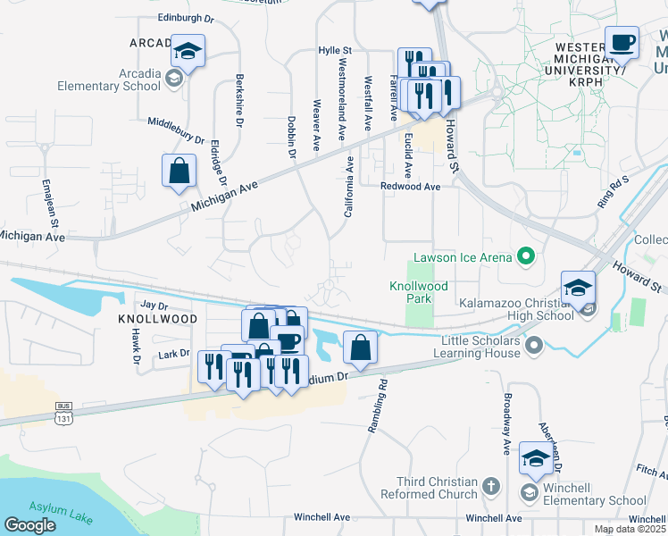 map of restaurants, bars, coffee shops, grocery stores, and more near 1711 Fraternity Village Drive in Kalamazoo