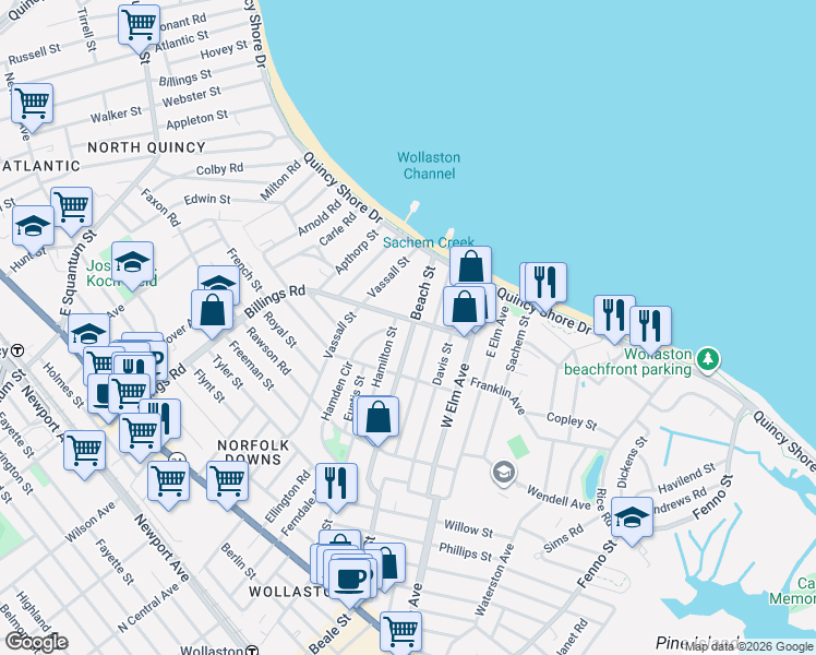 map of restaurants, bars, coffee shops, grocery stores, and more near 307 Billings Road in Quincy
