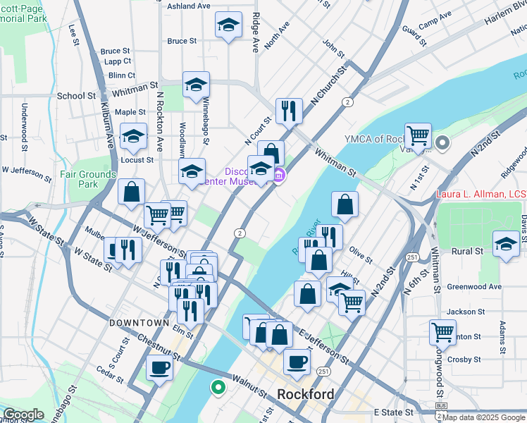 map of restaurants, bars, coffee shops, grocery stores, and more near 605 North Main Street in Rockford