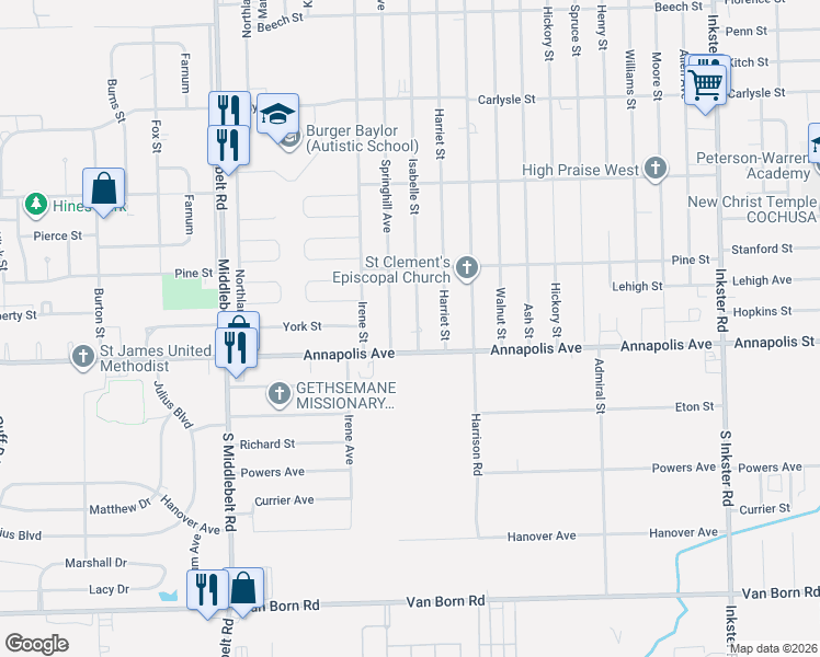 map of restaurants, bars, coffee shops, grocery stores, and more near 4513 Spring Hill Avenue in Inkster