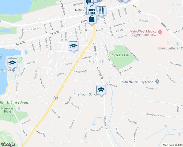 map of restaurants, bars, coffee shops, grocery stores, and more near 25 Hillcrest Avenue in Natick