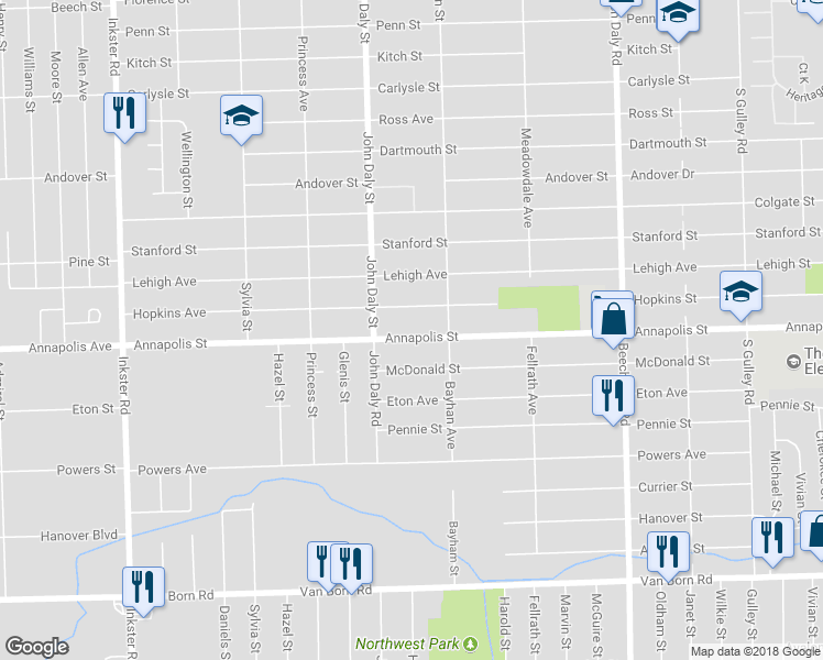map of restaurants, bars, coffee shops, grocery stores, and more near 26424 Annapolis Street in Inkster