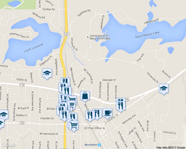 map of restaurants, bars, coffee shops, grocery stores, and more near 827 Northeast Holcomb Drive in Mundelein