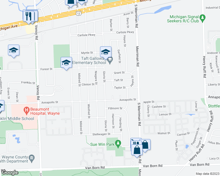 map of restaurants, bars, coffee shops, grocery stores, and more near 31629 Taylor Street in Wayne