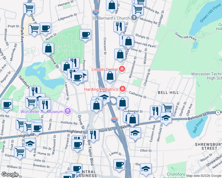 map of restaurants, bars, coffee shops, grocery stores, and more near 99 Lincoln Street in Worcester