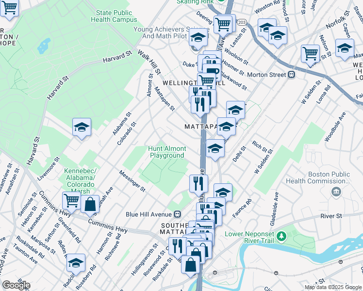 map of restaurants, bars, coffee shops, grocery stores, and more near 36 Tennis Road in Boston