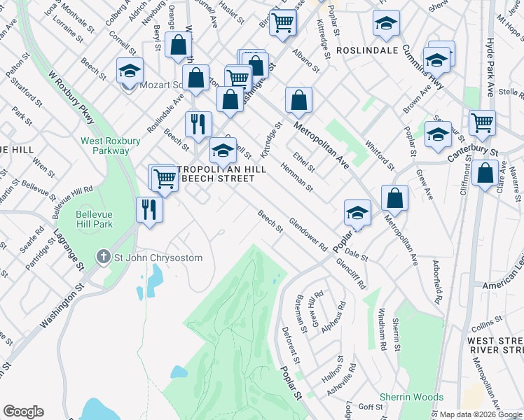 map of restaurants, bars, coffee shops, grocery stores, and more near 480 Beech Street in Boston