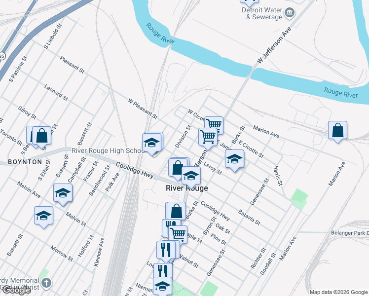 map of restaurants, bars, coffee shops, grocery stores, and more near 30 Myrtle Street in River Rouge