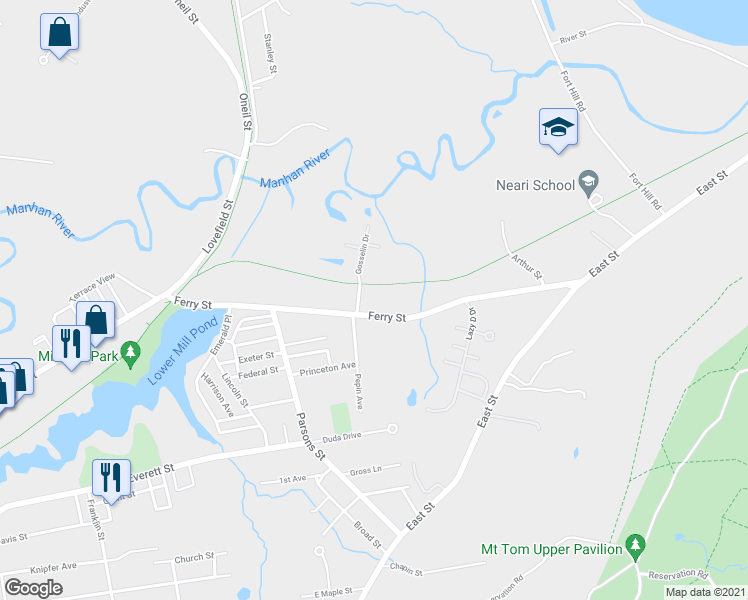 map of restaurants, bars, coffee shops, grocery stores, and more near 103 Ferry Street in Easthampton