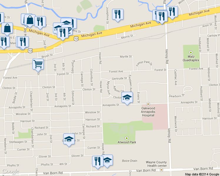 map of restaurants, bars, coffee shops, grocery stores, and more near 4361 Myron Avenue in Wayne