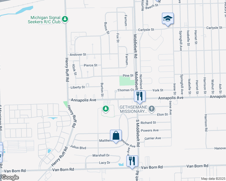map of restaurants, bars, coffee shops, grocery stores, and more near 29620 Thomas Court in Inkster