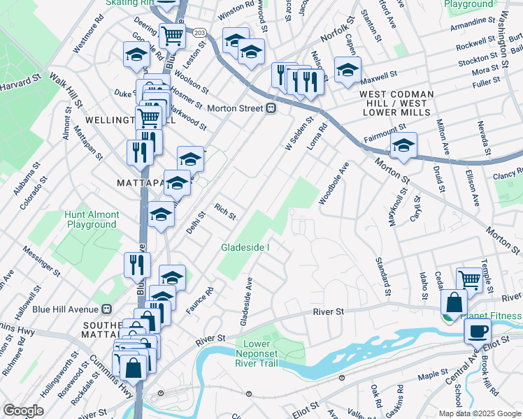 map of restaurants, bars, coffee shops, grocery stores, and more near 139 Lorna Road in Boston