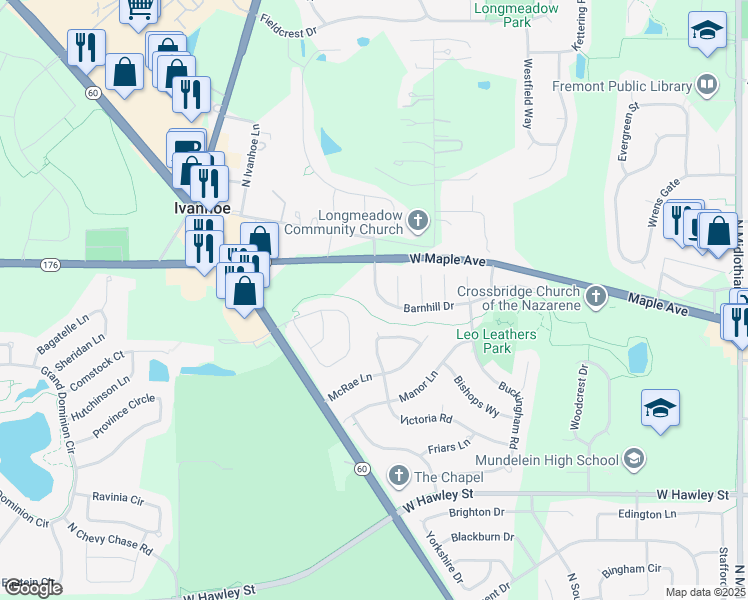 map of restaurants, bars, coffee shops, grocery stores, and more near 1953 Barnhill Drive in Mundelein