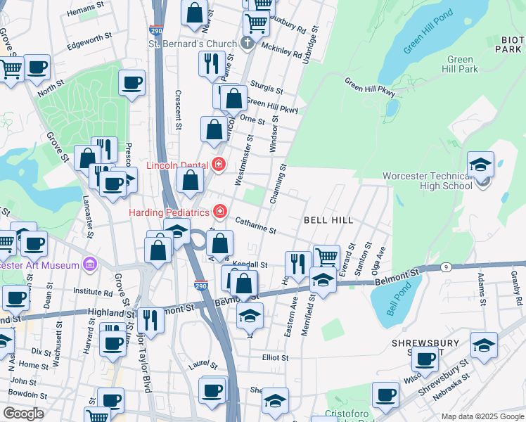 map of restaurants, bars, coffee shops, grocery stores, and more near 8 Windsor Street in Worcester