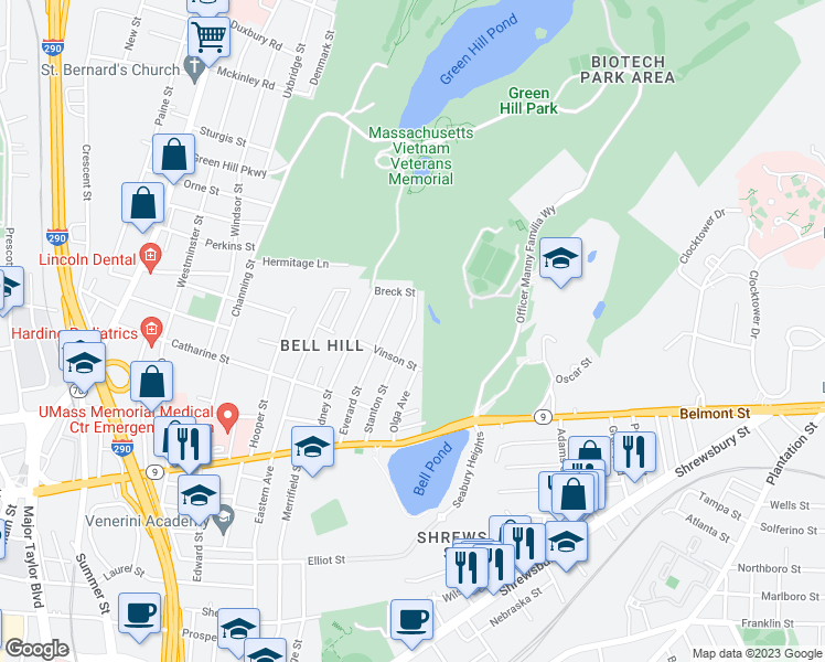 map of restaurants, bars, coffee shops, grocery stores, and more near 92 Stanton Street in Worcester