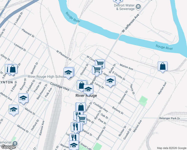 map of restaurants, bars, coffee shops, grocery stores, and more near 10380 West Jefferson Avenue in River Rouge