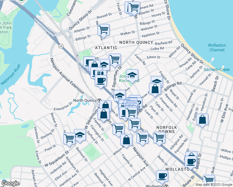 map of restaurants, bars, coffee shops, grocery stores, and more near 21 Hollis Avenue in Quincy