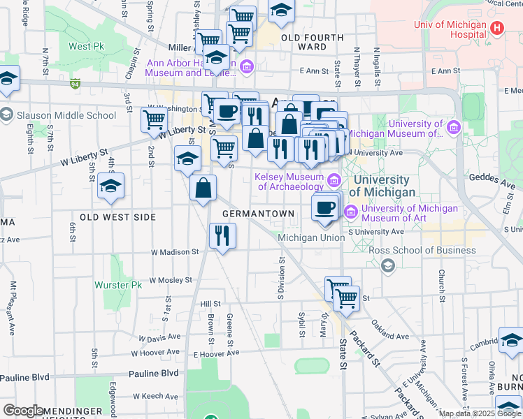 map of restaurants, bars, coffee shops, grocery stores, and more near 312 East Jefferson Street in Ann Arbor
