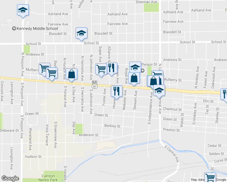 map of restaurants, bars, coffee shops, grocery stores, and more near 115 Howard Avenue in Rockford