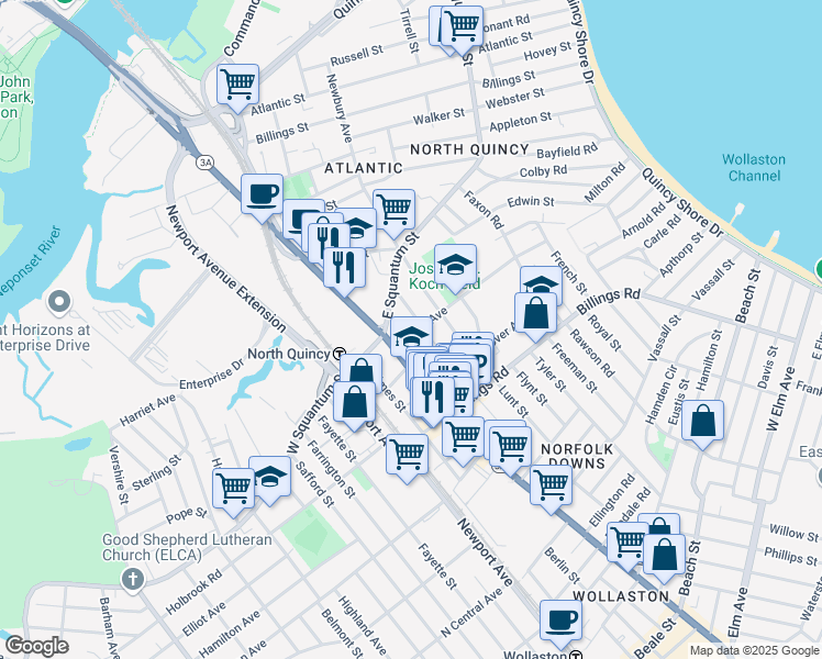 map of restaurants, bars, coffee shops, grocery stores, and more near 21 Hollis Avenue in Quincy