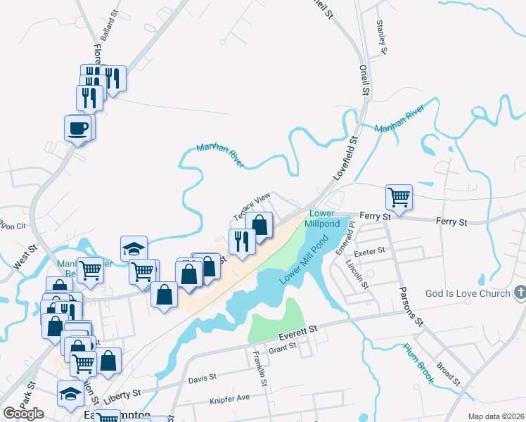 map of restaurants, bars, coffee shops, grocery stores, and more near 16 Arlington Street in Easthampton