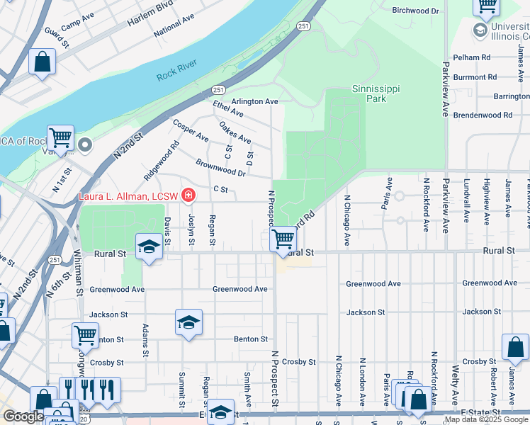 map of restaurants, bars, coffee shops, grocery stores, and more near 744 N Prospect St in Rockford