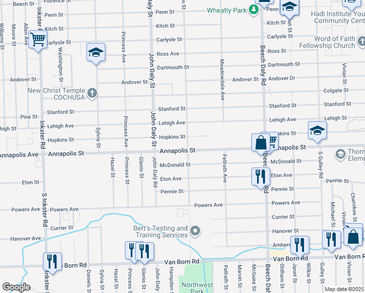 map of restaurants, bars, coffee shops, grocery stores, and more near 33000 Annapolis Avenue in Dearborn Heights
