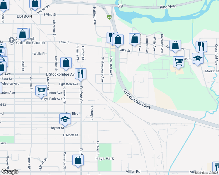map of restaurants, bars, coffee shops, grocery stores, and more near 1518 Schuster Avenue in Kalamazoo