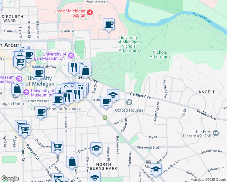 map of restaurants, bars, coffee shops, grocery stores, and more near 520 Linden Street in Ann Arbor