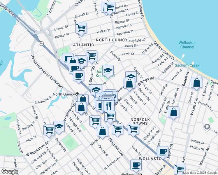 map of restaurants, bars, coffee shops, grocery stores, and more near 250 Newbury Avenue in Quincy
