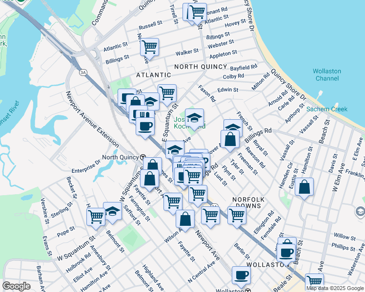 map of restaurants, bars, coffee shops, grocery stores, and more near 21 Hollis Avenue in Quincy