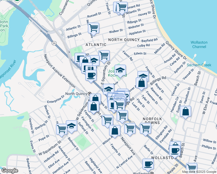 map of restaurants, bars, coffee shops, grocery stores, and more near 21 Hollis Avenue in Quincy