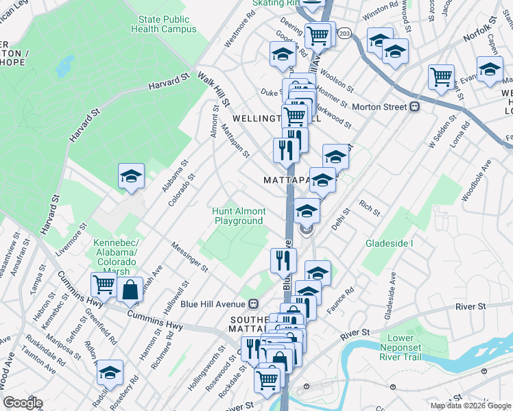 map of restaurants, bars, coffee shops, grocery stores, and more near 36 Tennis Road in Boston